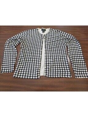 City Silk Stretch XL Houndstooth Cardigan Black White Button Front Quiet Luxury